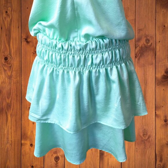 Glam Women's Small Light Green Tiered Open Back Halter Dress Satin Look - Picture 4 of 7